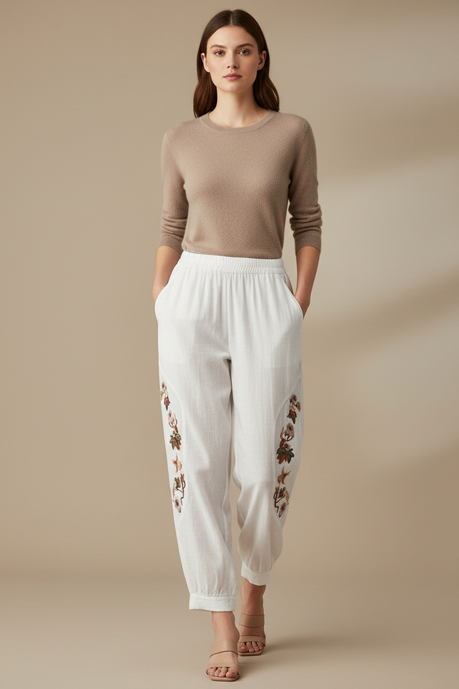 Pantalon Chino Blanc Brodé Ample Décontracté Femme - Lin