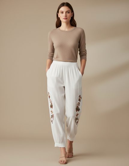 Pantalon Chino Blanc Brodé Ample Décontracté Femme - Lin