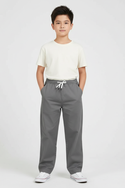 Pantalon Chino Gris Coton Ample Garçon Décontracté