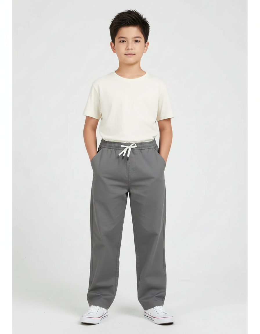 Pantalon Chino Gris Coton Ample Garçon Décontracté