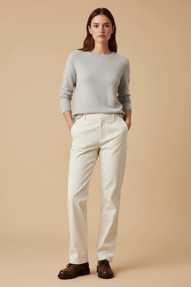 Pantalon Chino Crème Droit Décontracté Femme Élégant - Beige Gabardine
