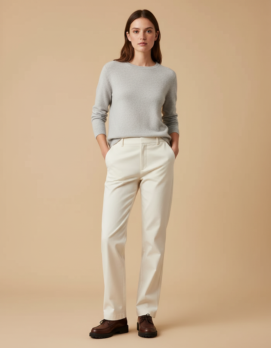 Pantalon Chino Crème Droit Décontracté Femme Élégant - Beige Gabardine