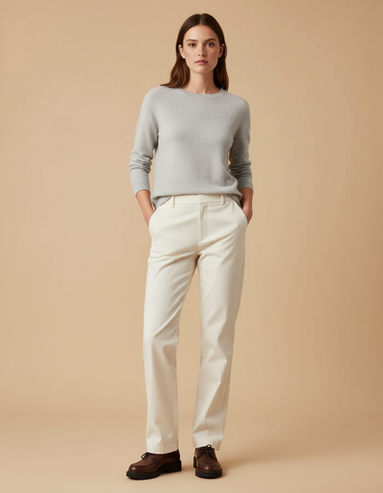 Pantalon Chino Crème Droit Décontracté Femme Élégant - Beige Gabardine