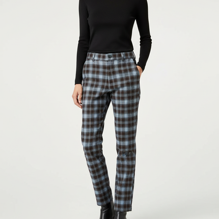 Pantalon Chino Carreaux Marron Bleu Décontracté Femme - Multicolore Tweed