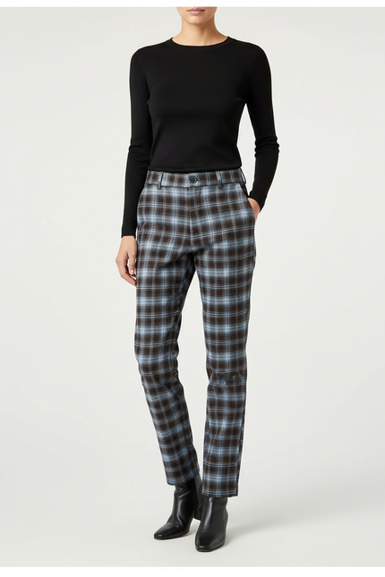 Pantalon Chino Carreaux Marron Bleu Décontracté Femme - Multicolore Tweed