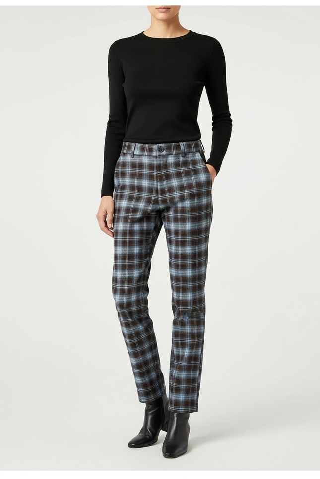 Pantalon Chino Carreaux Marron Bleu Décontracté Femme - Multicolore Tweed
