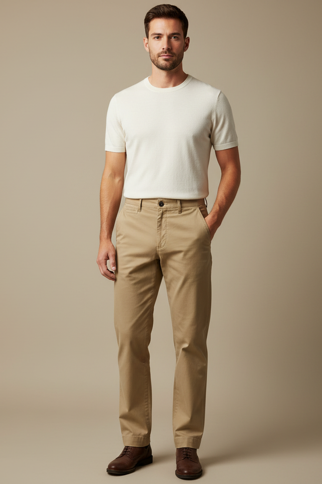 Pantalon Chino Beige Coton Droit Classique Décontracté Homme
