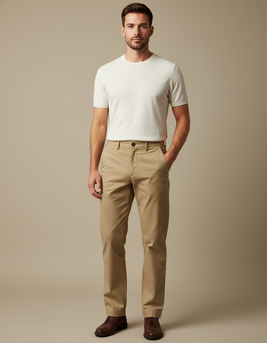 Pantalon Chino Beige Coton Droit Classique Décontracté Homme
