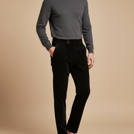 Pantalon Chino Noir Velours Plissé Élégant Homme