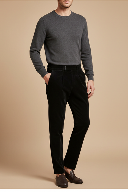 Pantalon Chino Noir Velours Plissé Élégant Homme
