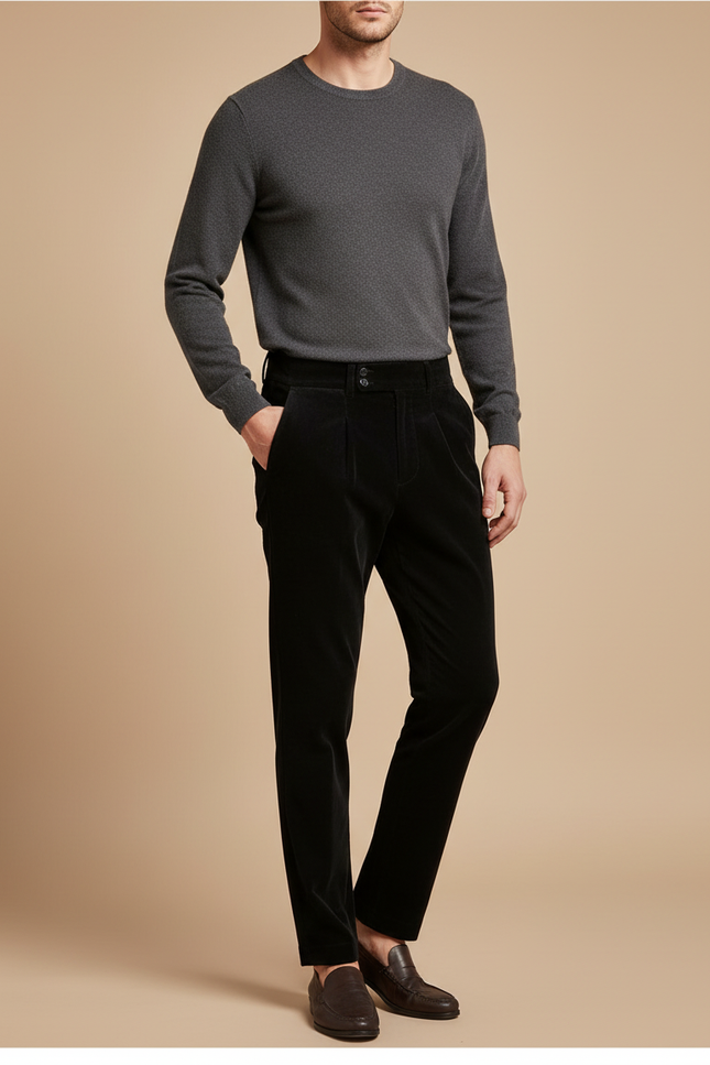 Pantalon Chino Noir Velours Plissé Élégant Homme