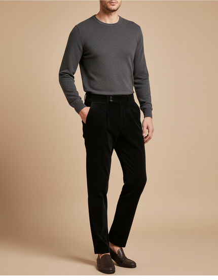 Pantalon Chino Noir Velours Plissé Élégant Homme