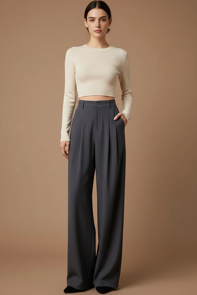 Pantalon Chino Gris Ample Plissé Taille Haute Femme - Polyester