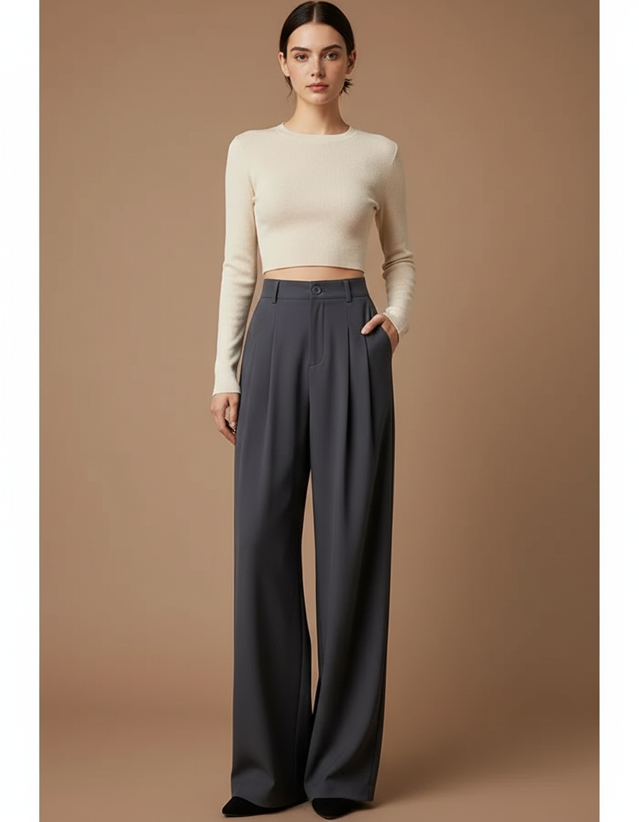 Pantalon Chino Gris Ample Plissé Taille Haute Femme - Polyester