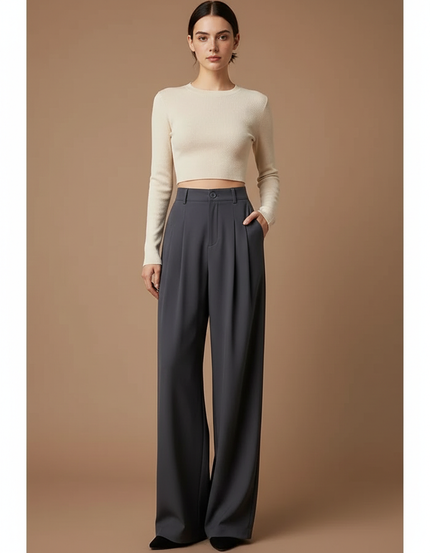 Pantalon Chino Gris Ample Plissé Taille Haute Femme - Polyester