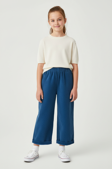 Pantalon Chino Bleu Côtelé Ample Décontracté Enfant - Cordé