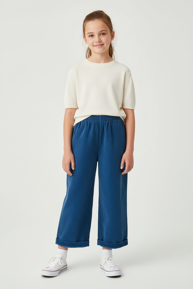 Pantalon Chino Bleu Côtelé Ample Décontracté Enfant - Cordé