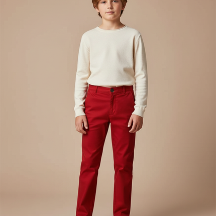 Pantalon Chino Rouge Droit Coton Garçon Élégant