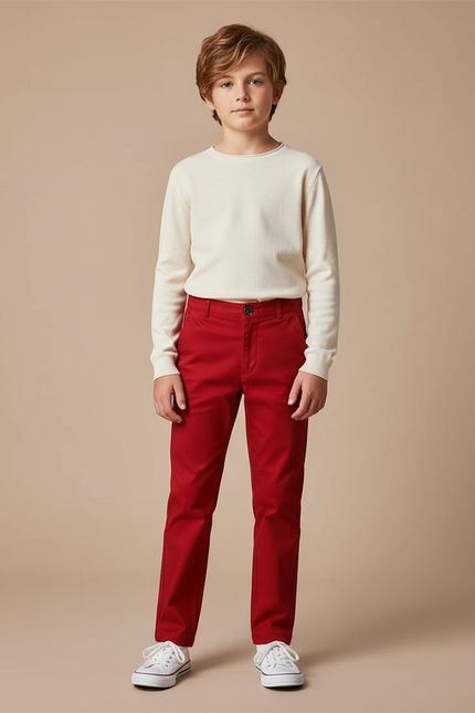 Pantalon Chino Rouge Droit Coton Garçon Élégant