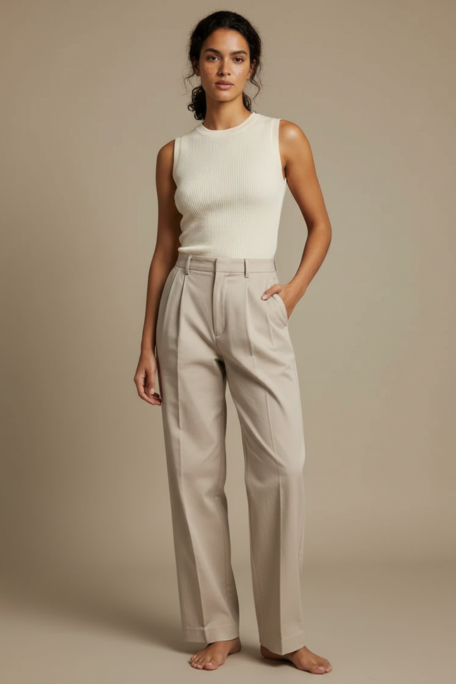 Pantalon Chino Beige Plissé Droit Ample Femme - Coton