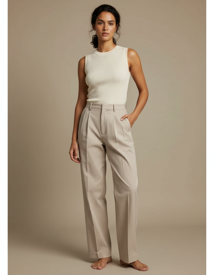 Pantalon Chino Beige Plissé Droit Ample Femme - Coton