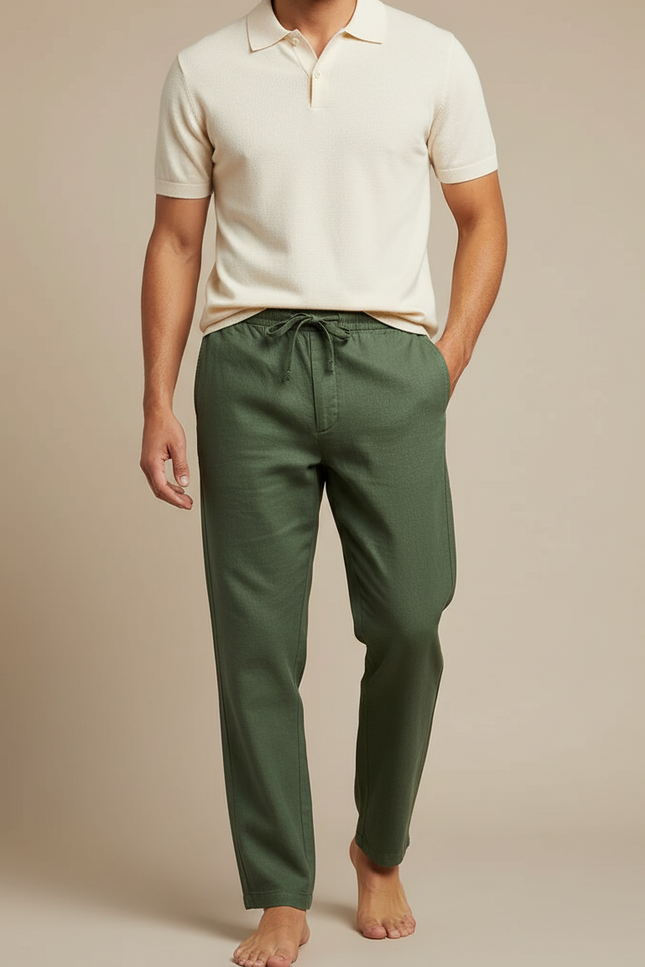 Pantalon Chino Vert Cordon Lin Ample Homme