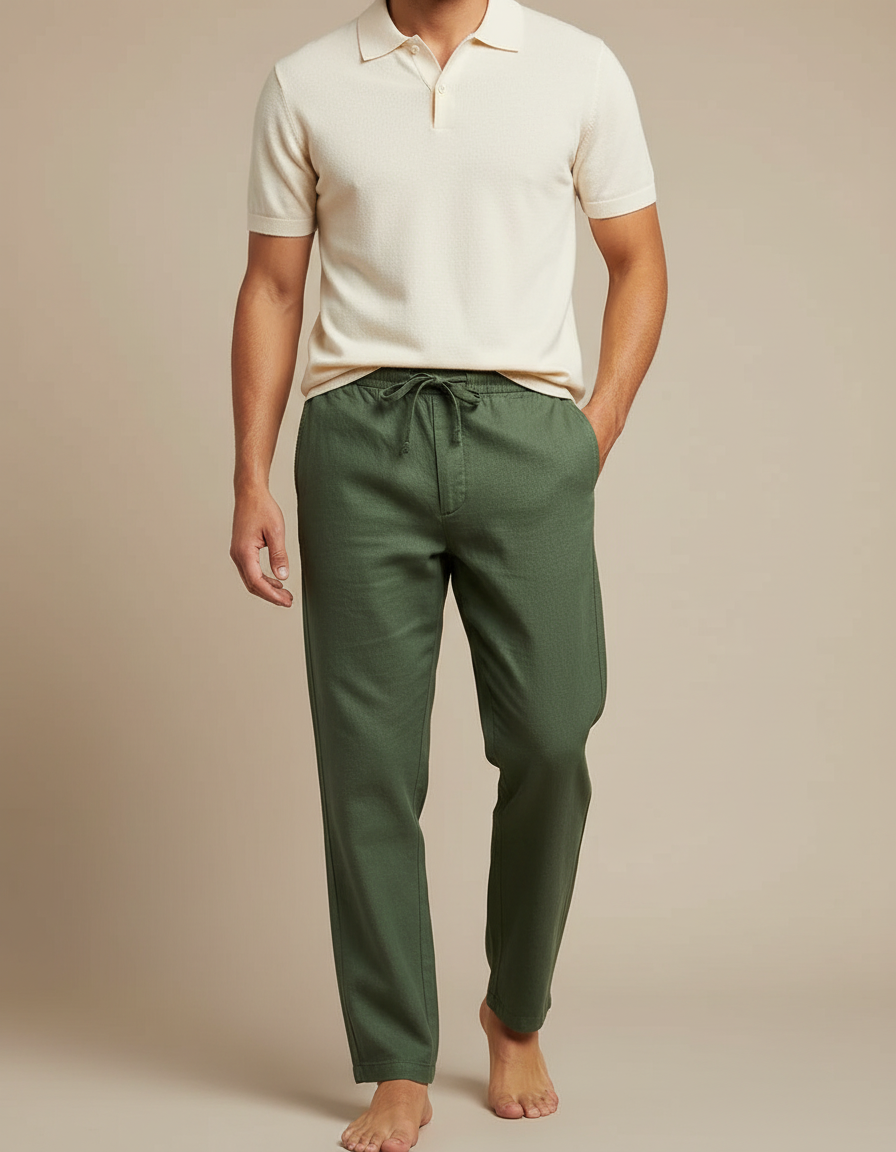Pantalon Chino Vert Cordon Lin Ample Homme