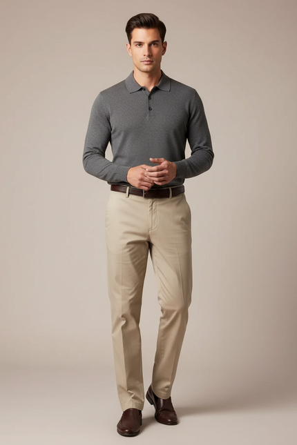 Pantalon Chino Beige Coton Coupe Droite Élégant Homme