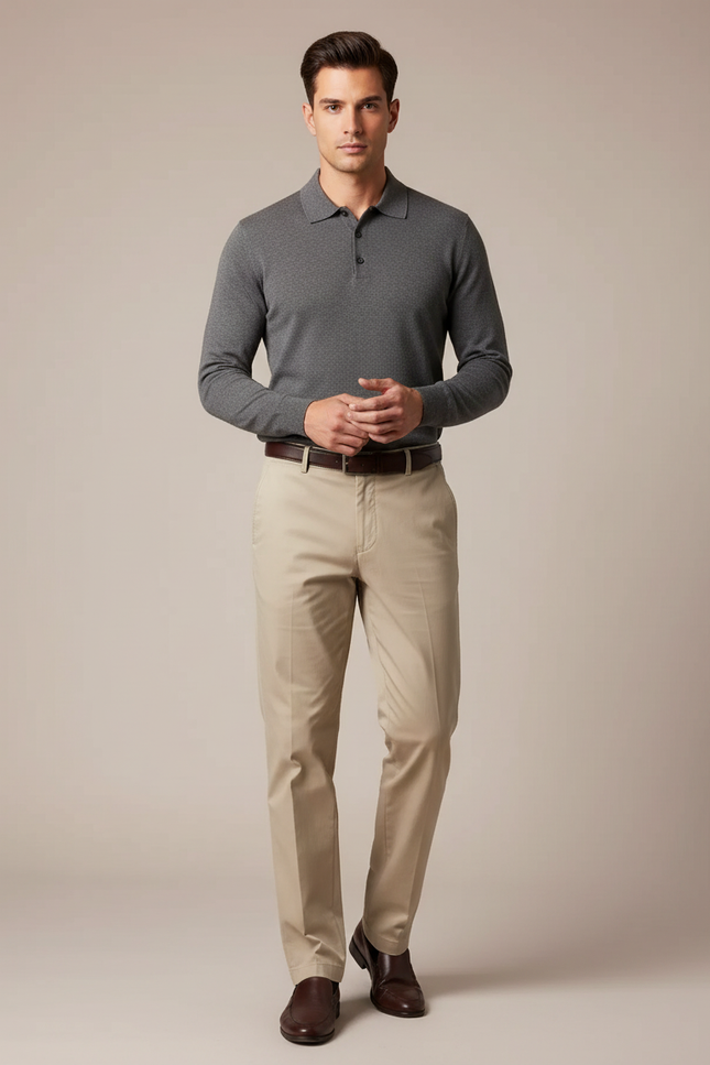 Pantalon Chino Beige Coton Coupe Droite Élégant Homme