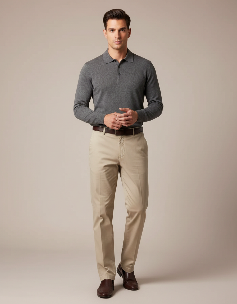 Pantalon Chino Beige Coton Coupe Droite Élégant Homme