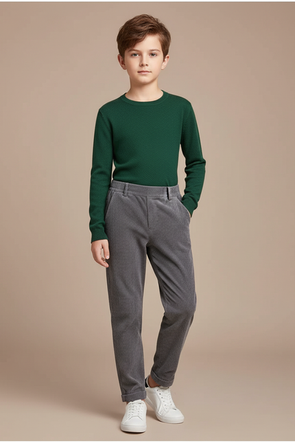 Pantalon Chino Gris Côtelé Ample Enfant Décontracté - Cordé