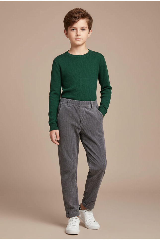 Pantalon Chino Gris Côtelé Ample Enfant Décontracté - Cordé