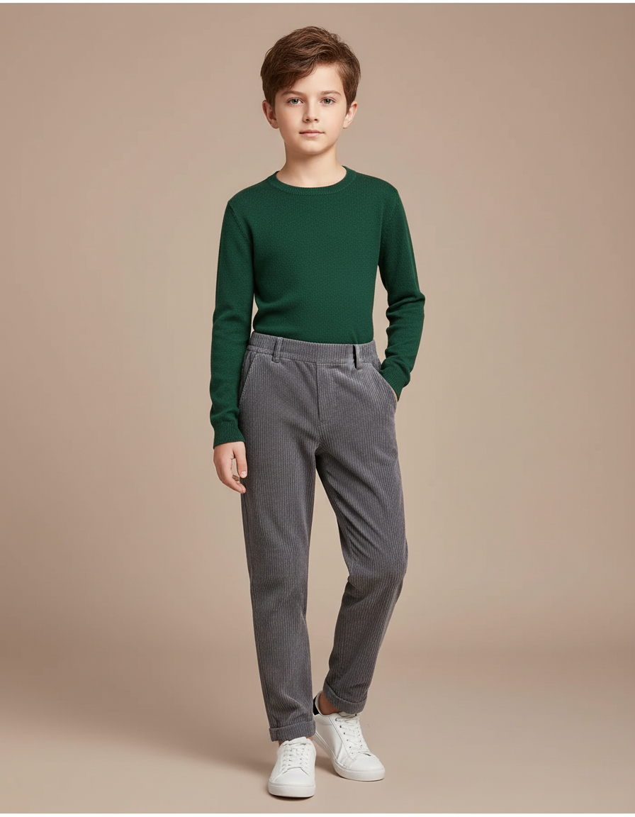 Pantalon Chino Gris Côtelé Ample Enfant Décontracté - Cordé