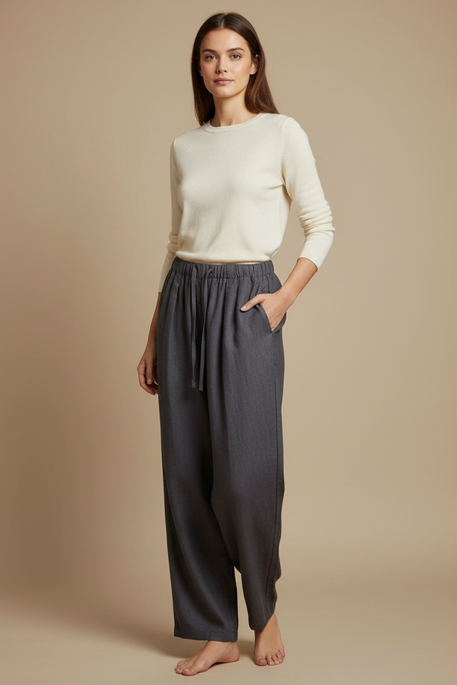 Pantalon Chino Gris Ample Cordon Décontracté Femme - Lin