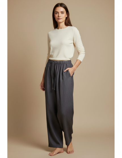 Pantalon Chino Gris Ample Cordon Décontracté Femme - Lin