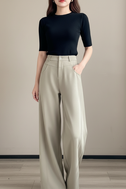 Pantalon Chino Beige Ample Taille Haute Fluide Élégant - Kaki Polyester