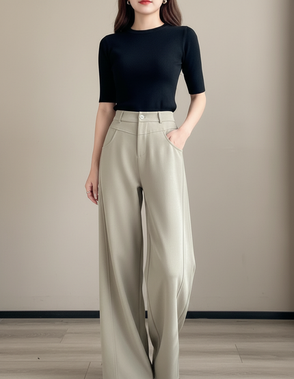 Pantalon Chino Beige Ample Taille Haute Fluide Élégant - Kaki Polyester