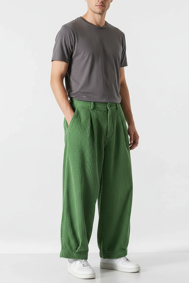 Pantalon Chino Vert Côtelé Ample Décontracté Homme - Cordé