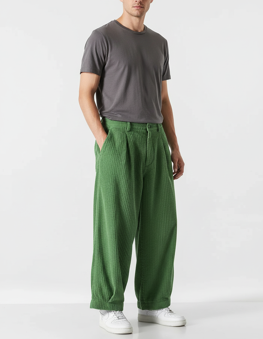 Pantalon Chino Vert Côtelé Ample Décontracté Homme - Cordé