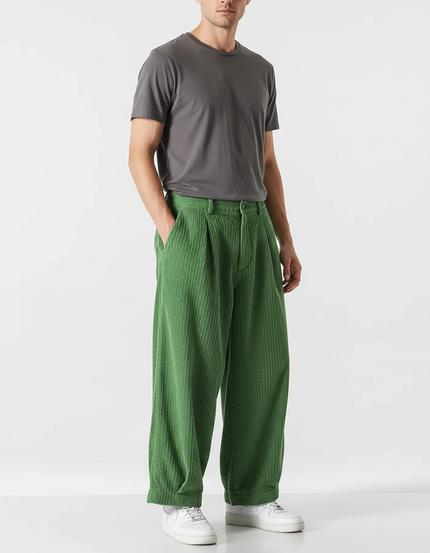 Pantalon Chino Vert Côtelé Ample Décontracté Homme - Cordé