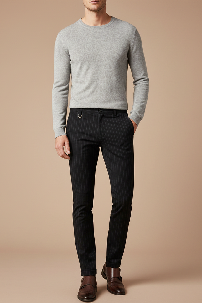 Pantalon Chino Noir Rayures Fines Slim Habillé - Gabardine