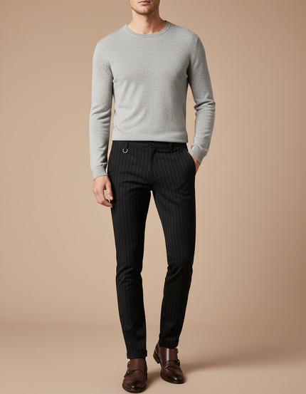 Pantalon Chino Noir Rayures Fines Slim Habillé - Gabardine