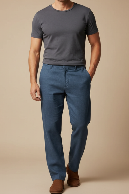 Pantalon Chino Bleu Droit Lin Respirant Homme