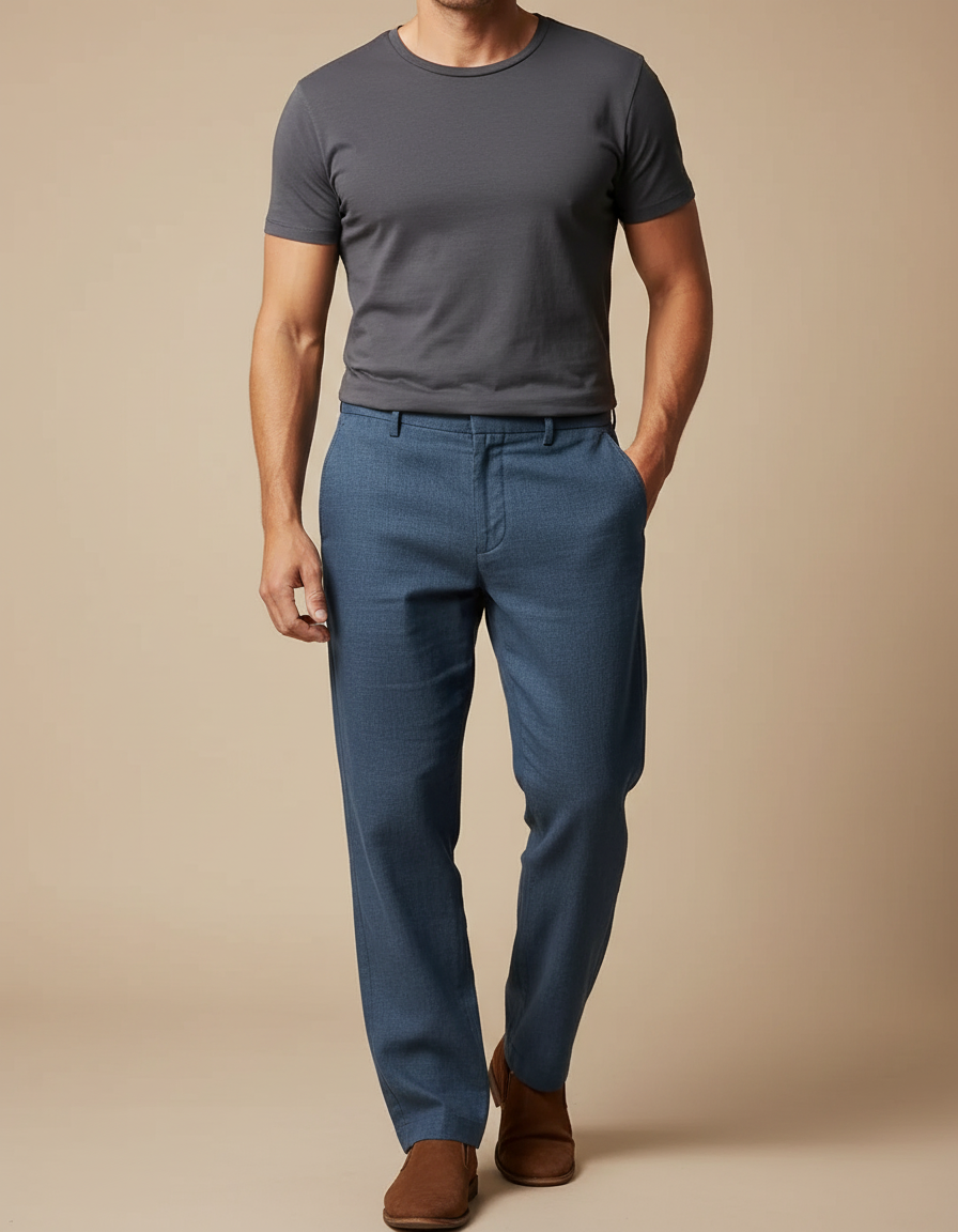Pantalon Chino Bleu Droit Lin Respirant Homme