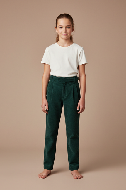 Pantalon Chino Vert Côtelé Plissé Enfant Décontracté - Cordé