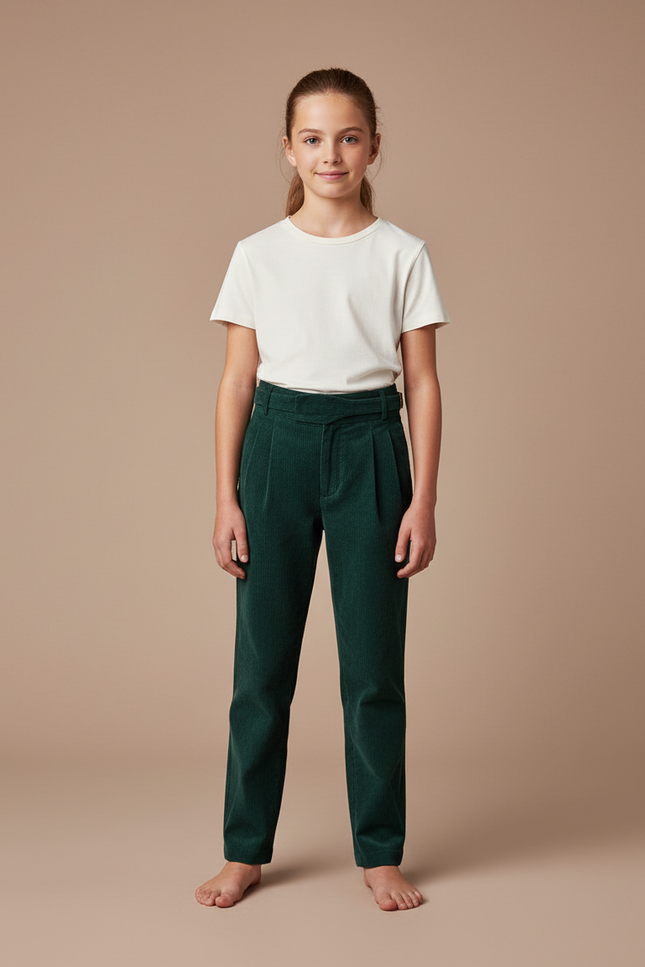 Pantalon Chino Vert Côtelé Plissé Enfant Décontracté - Cordé