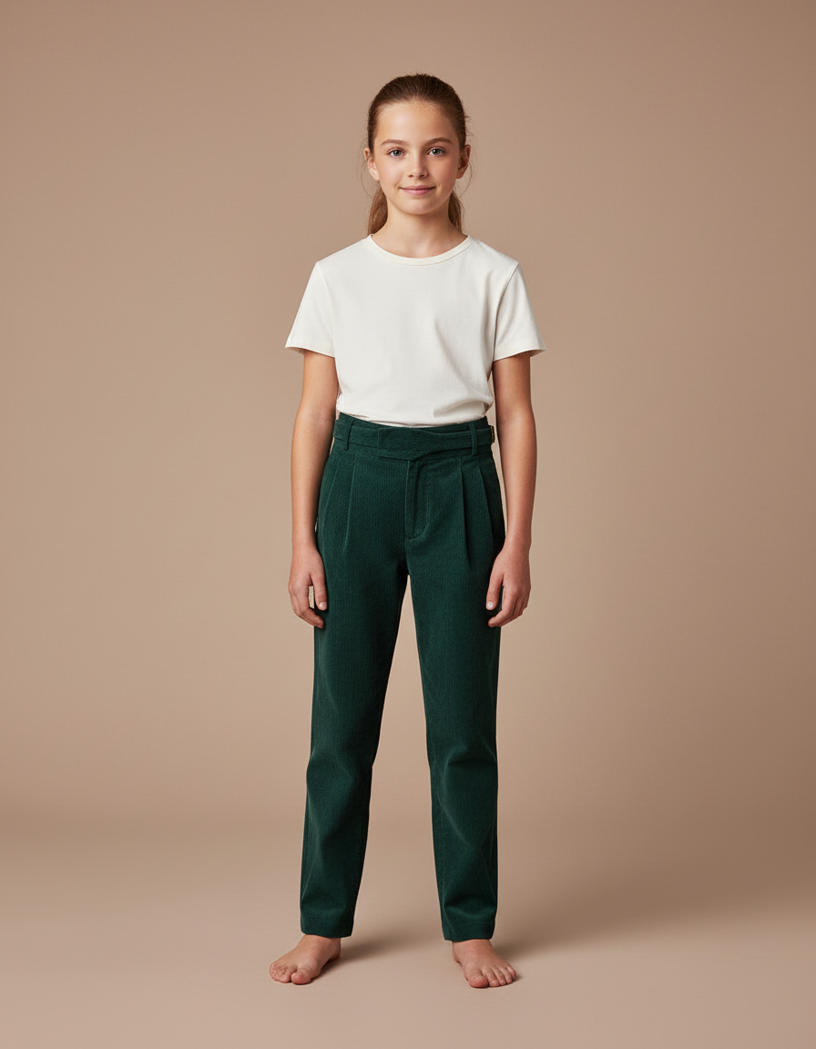 Pantalon Chino Vert Côtelé Plissé Enfant Décontracté - Cordé