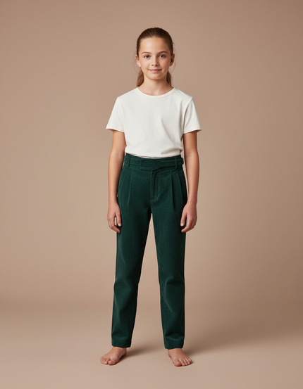 Pantalon Chino Vert Côtelé Plissé Enfant Décontracté - Cordé
