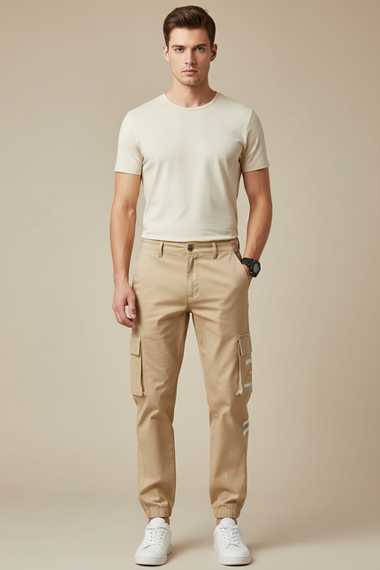 Pantalon Chino Beige Cargo Jogger Coton Homme