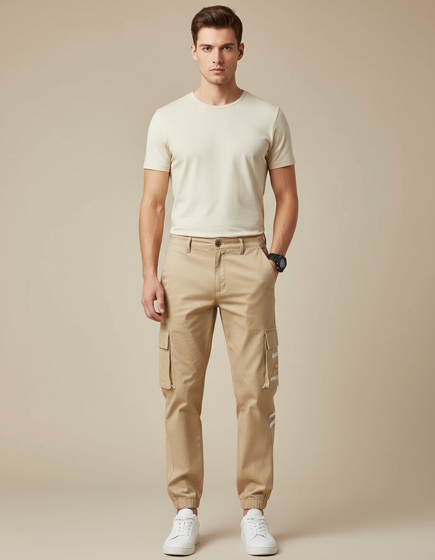 Pantalon Chino Beige Cargo Jogger Coton Homme